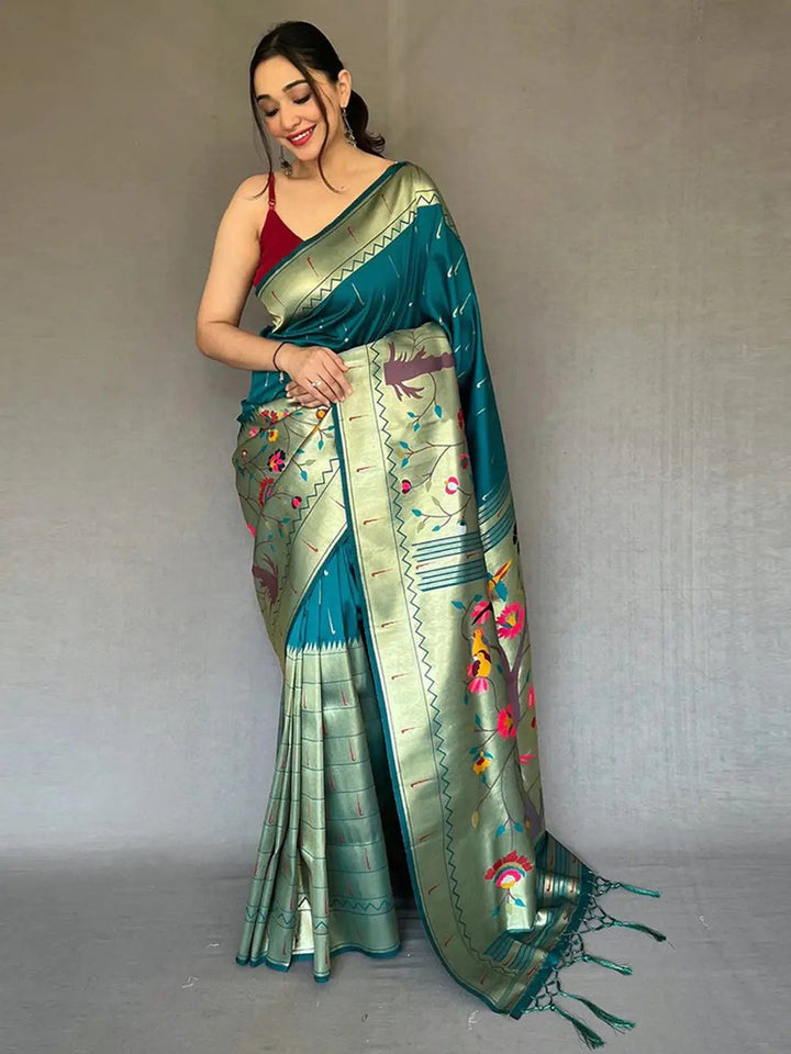 Teal Green Soft Silk Saree with Multicolor Floral Peacock Pallu & Elegant Woven Border