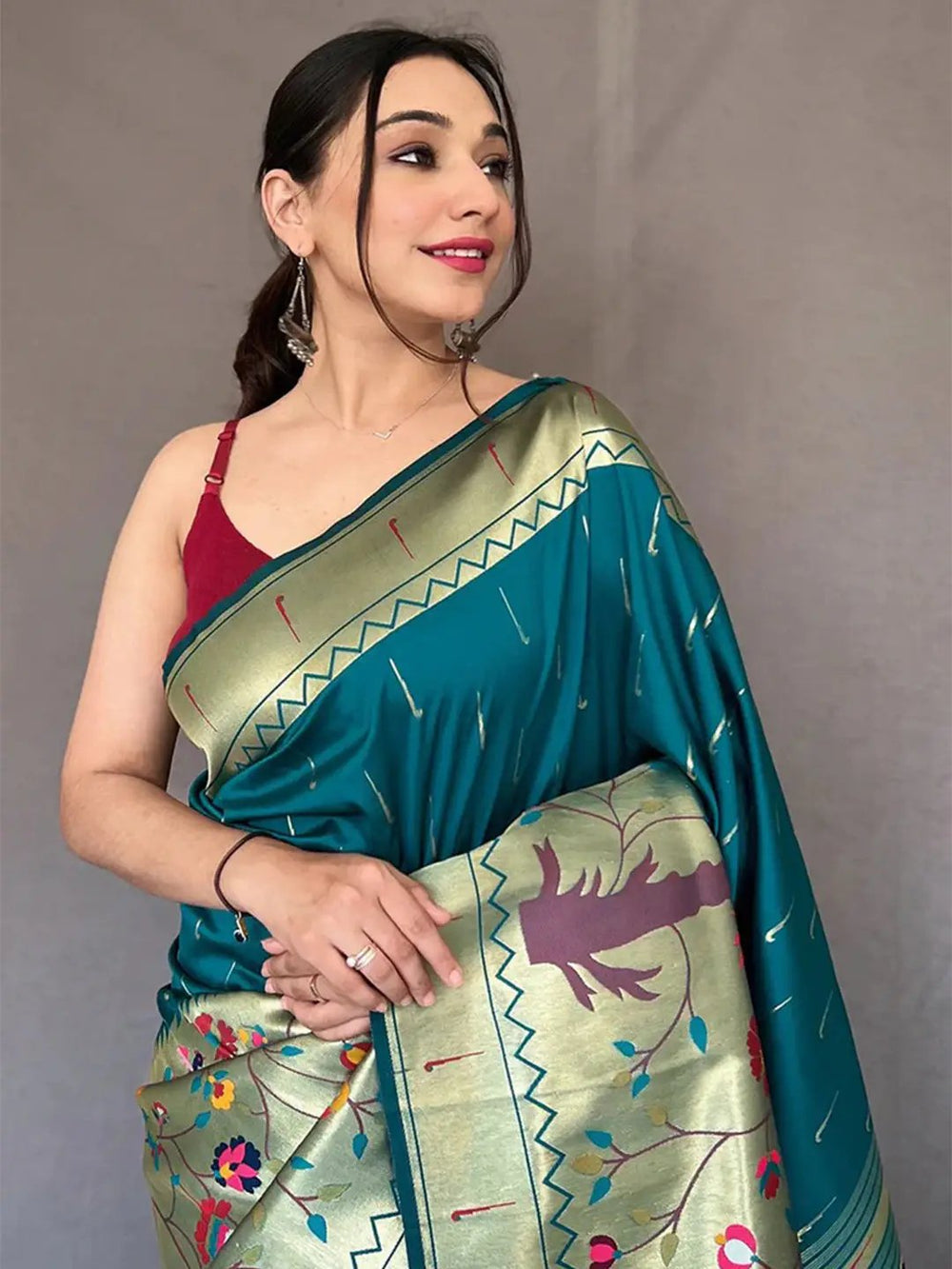 Teal Green Soft Silk Saree with Multicolor Floral Peacock Pallu & Elegant Woven Border