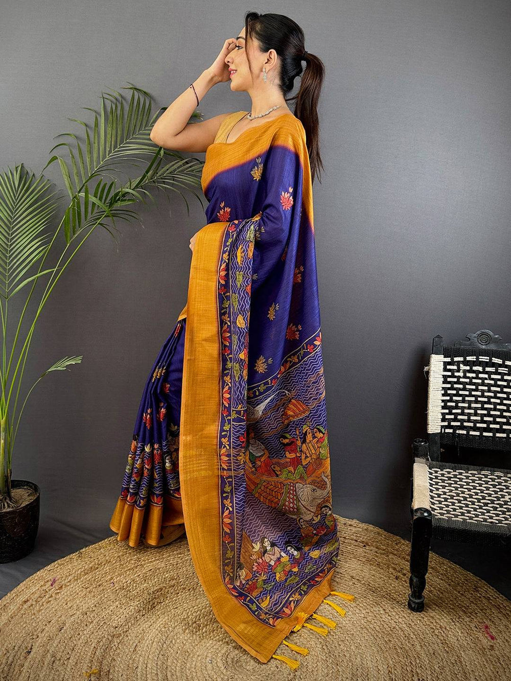 Navy Blue & Mustard Linen Silk Saree with Madhubani Artwork & Tassel Pallu
