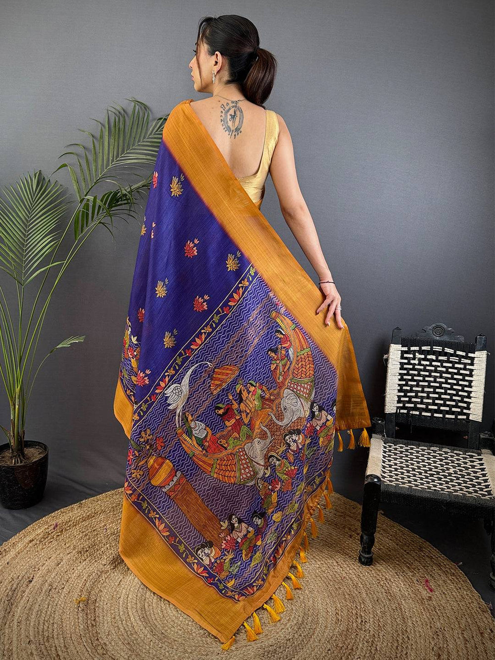 Navy Blue & Mustard Linen Silk Saree with Madhubani Artwork & Tassel Pallu