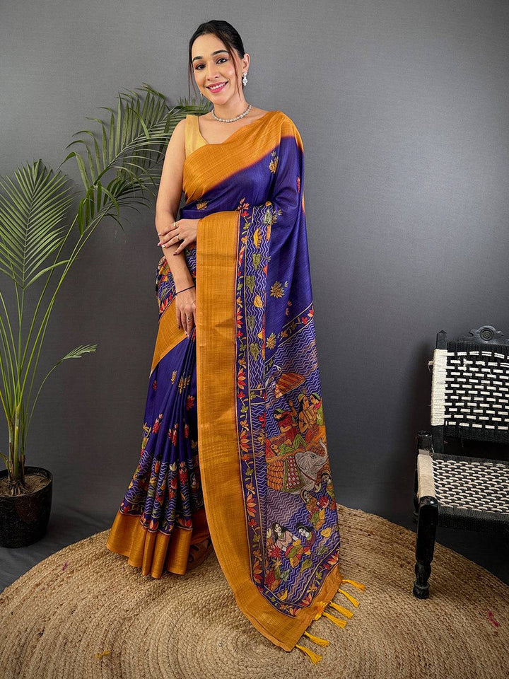 Navy Blue & Mustard Linen Silk Saree with Madhubani Artwork & Tassel Pallu