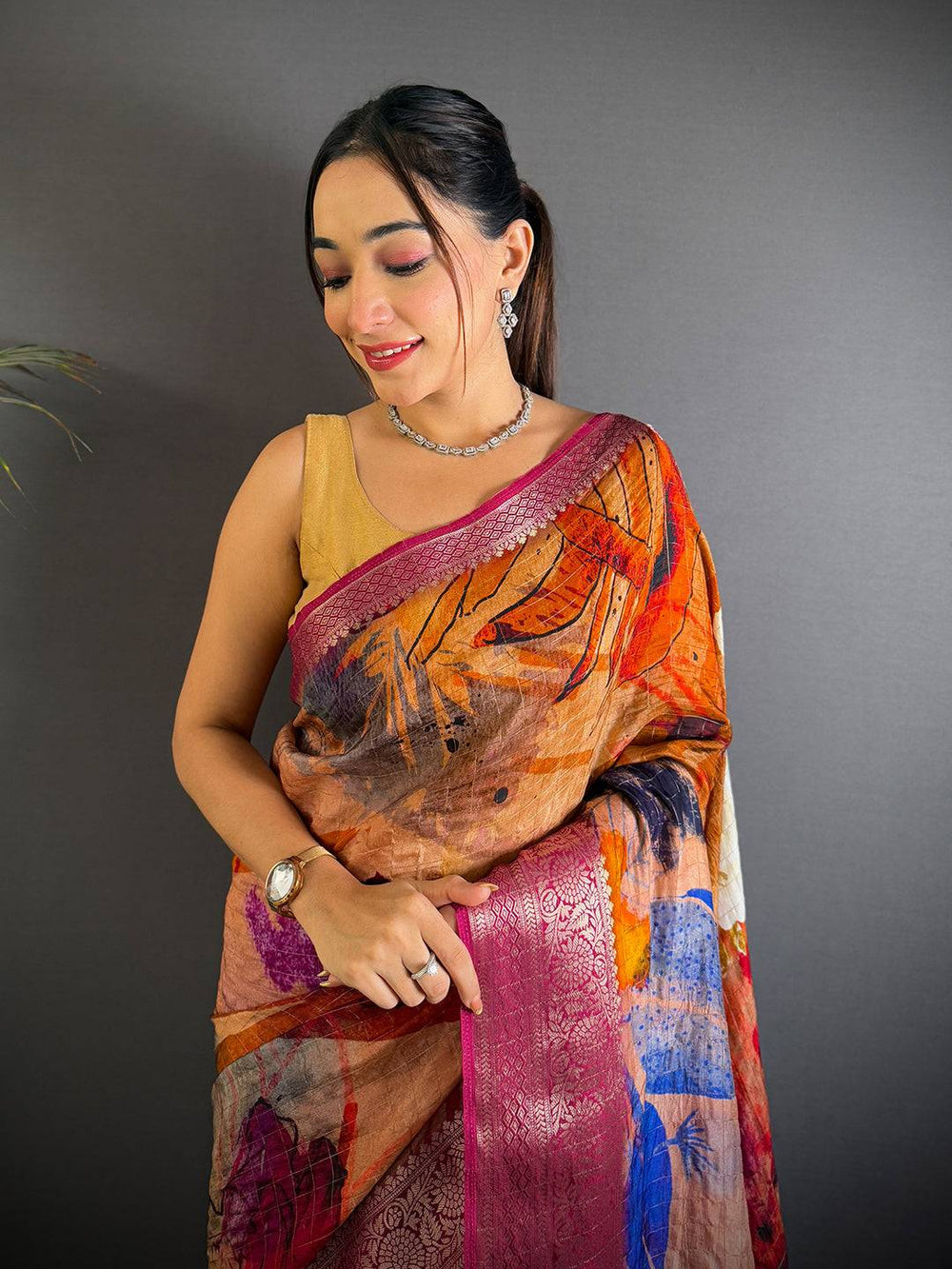 Multicolor Soft Silk Saree with Bold Floral Digital Print & Maroon Zari Border
