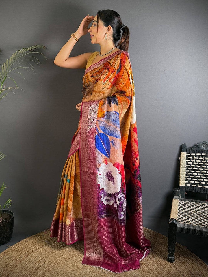 Multicolor Soft Silk Saree with Bold Floral Digital Print & Maroon Zari Border