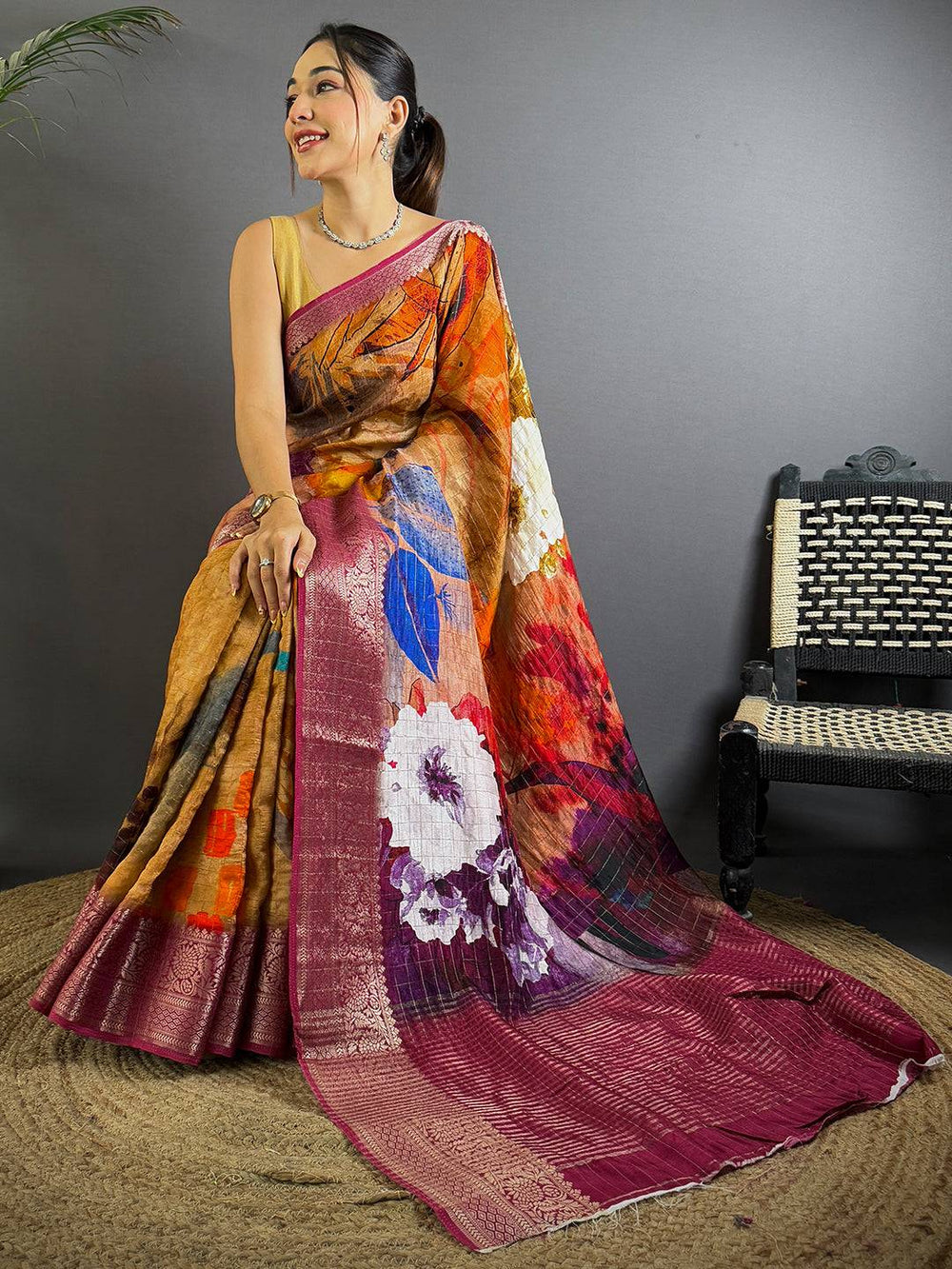 Multicolor Soft Silk Saree with Bold Floral Digital Print & Maroon Zari Border