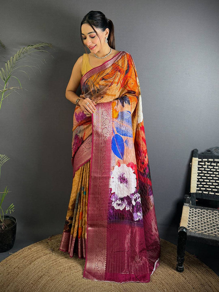 Multicolor Soft Silk Saree with Bold Floral Digital Print & Maroon Zari Border