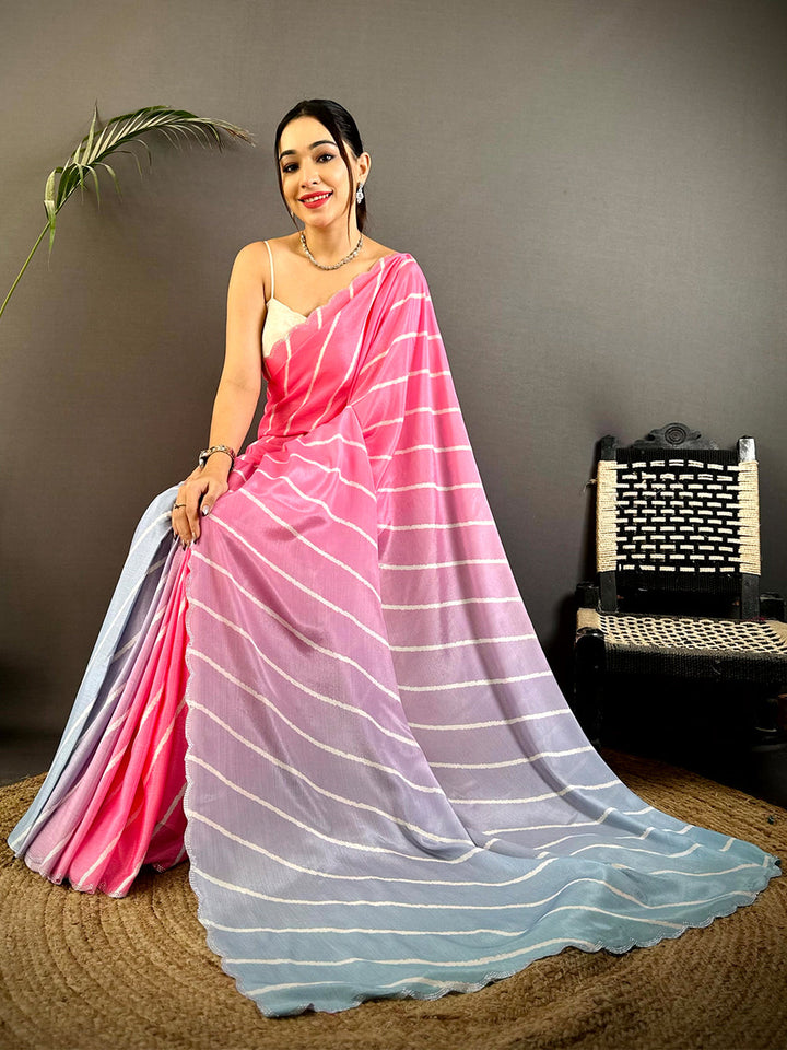 Pink to Blue Ombre Georgette Saree with White Wavy Stripes