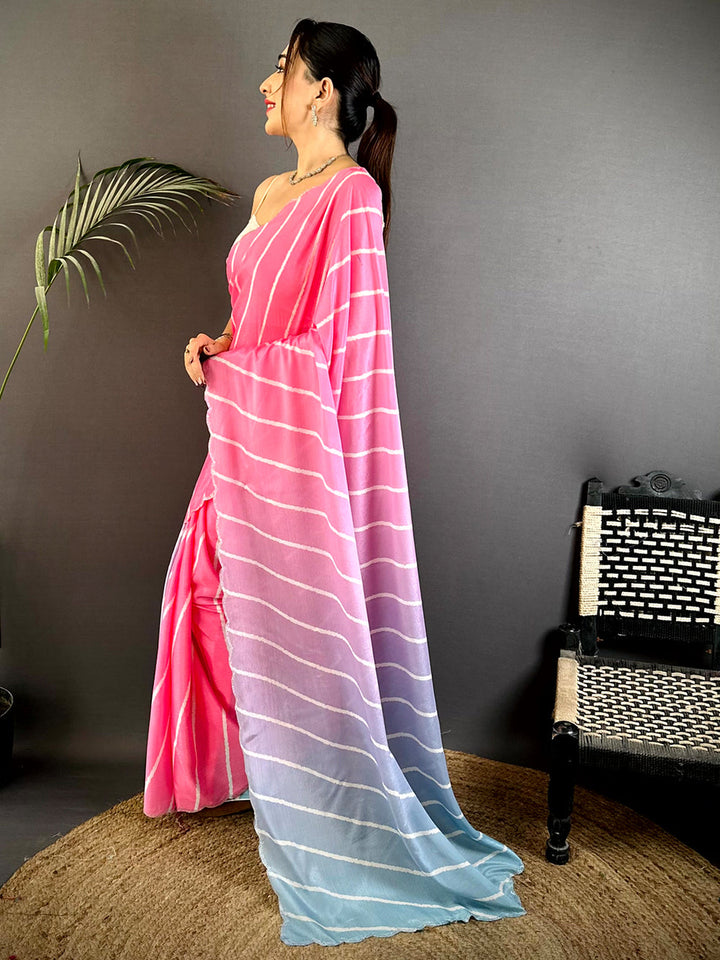 Pink to Blue Ombre Georgette Saree with White Wavy Stripes