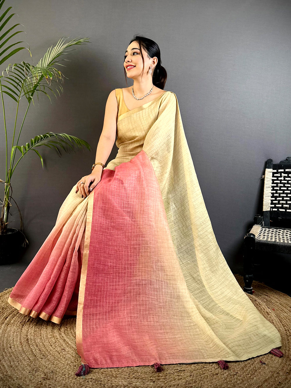 Beige & Peach Ombre Linen Silk Saree with Subtle Texture & Gold Border