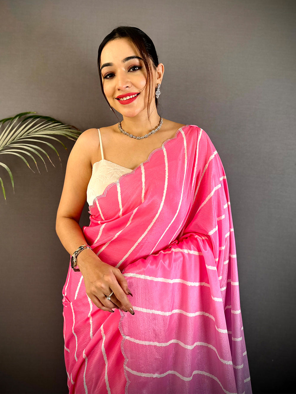 Pink to Blue Ombre Georgette Saree with White Wavy Stripes