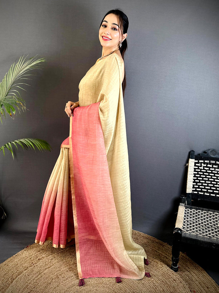 Beige & Peach Ombre Linen Silk Saree with Subtle Texture & Gold Border