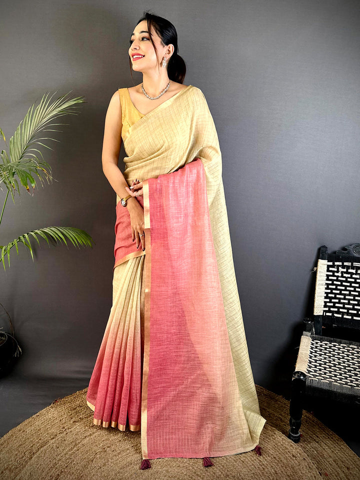 Beige & Peach Ombre Linen Silk Saree with Subtle Texture & Gold Border