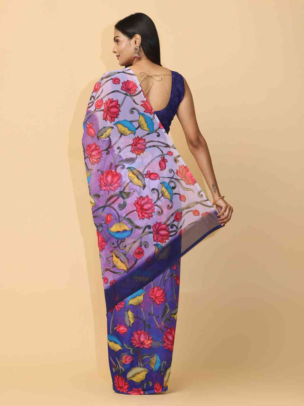 Purple Floral Printed Georgette Saree with Multicolor Lotus & Leaf Design