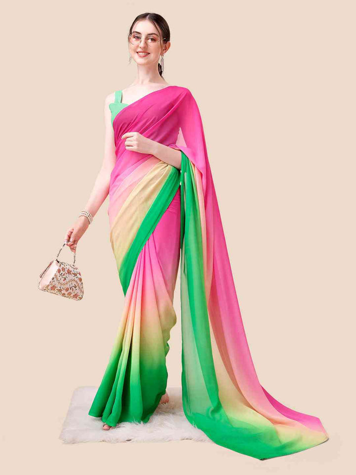 Pink Green Multicolor Ombre Georgette Saree