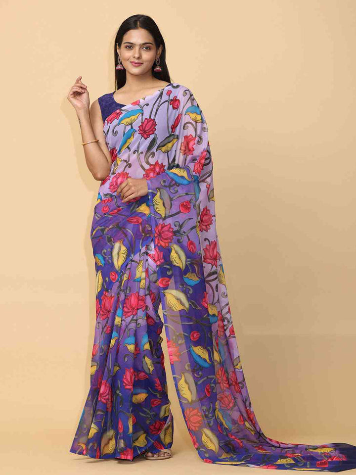 Purple Floral Printed Georgette Saree with Multicolor Lotus & Leaf Design