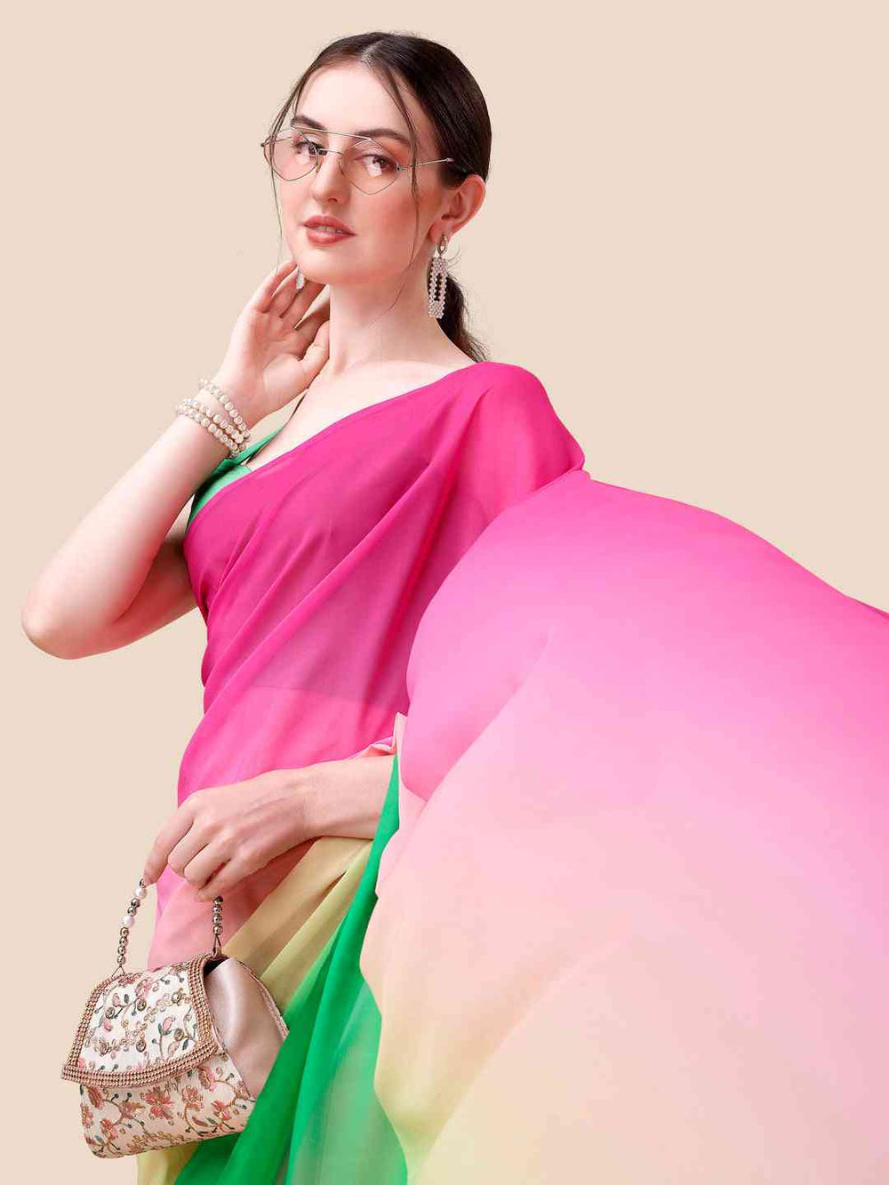 Pink Green Multicolor Ombre Georgette Saree