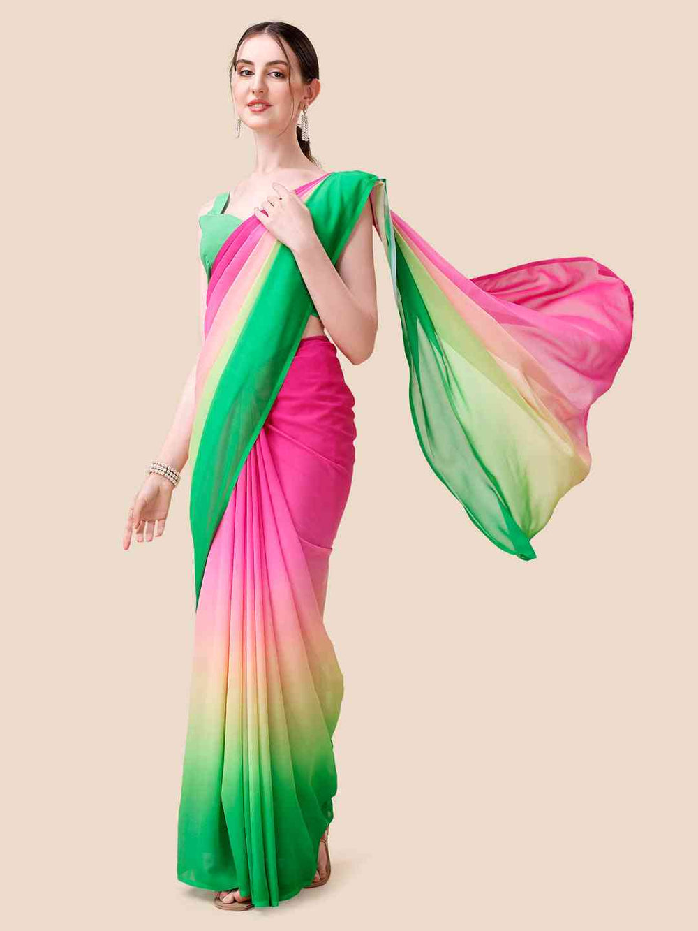 Pink Green Multicolor Ombre Georgette Saree