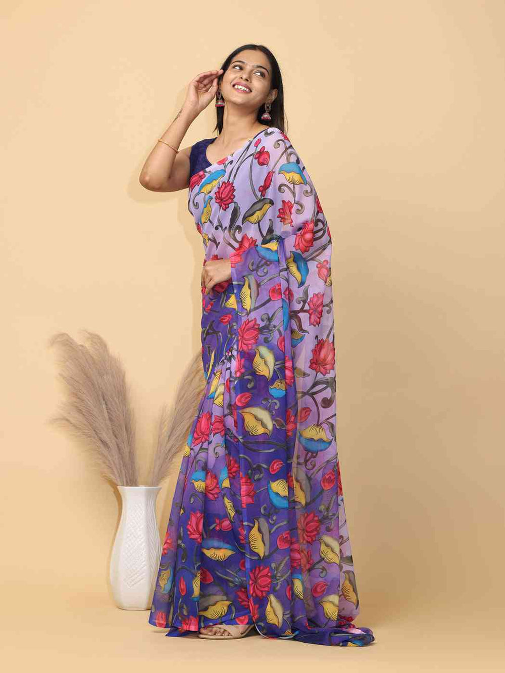 Purple Floral Printed Georgette Saree with Multicolor Lotus & Leaf Design