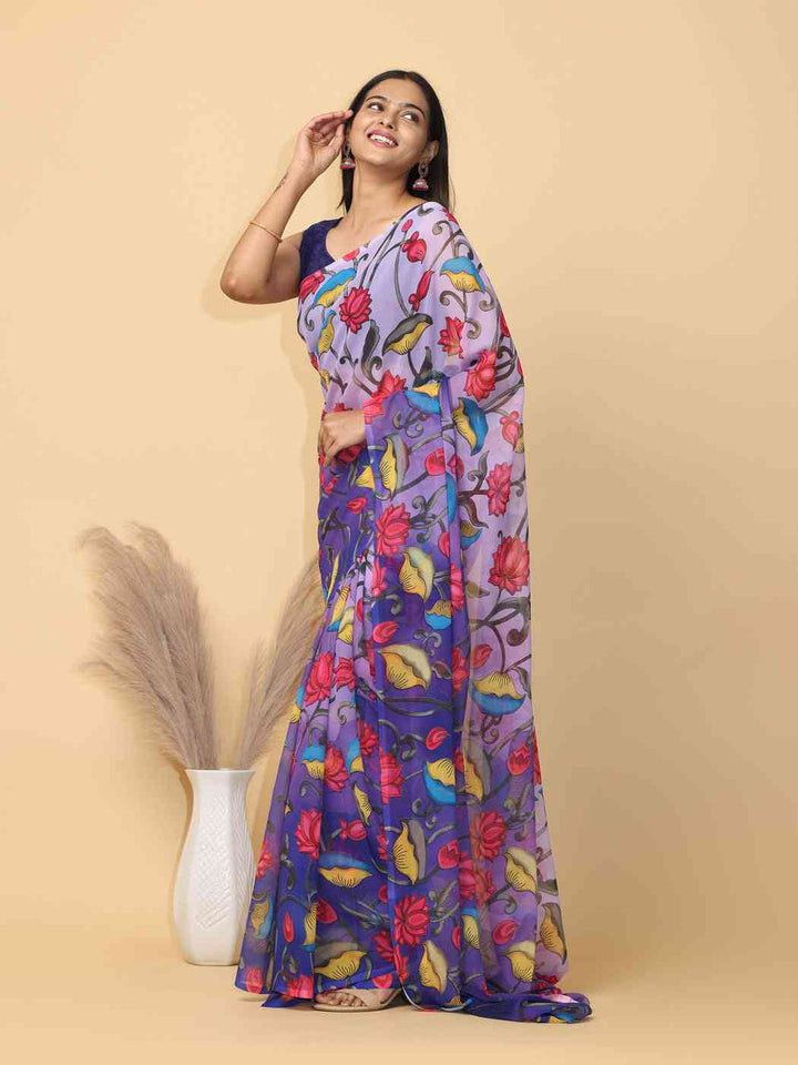 Purple Floral Printed Georgette Saree with Multicolor Lotus & Leaf Design