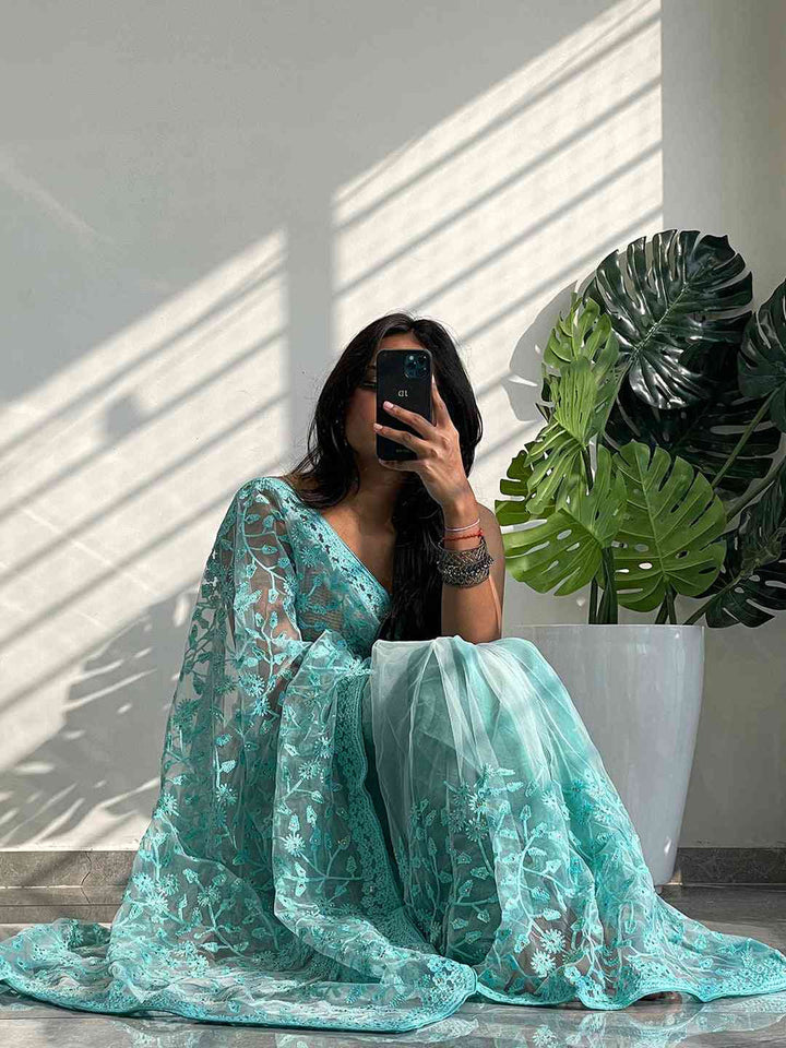 Mint Green Net Saree with Heavy Floral Embroidery & Scalloped Border
