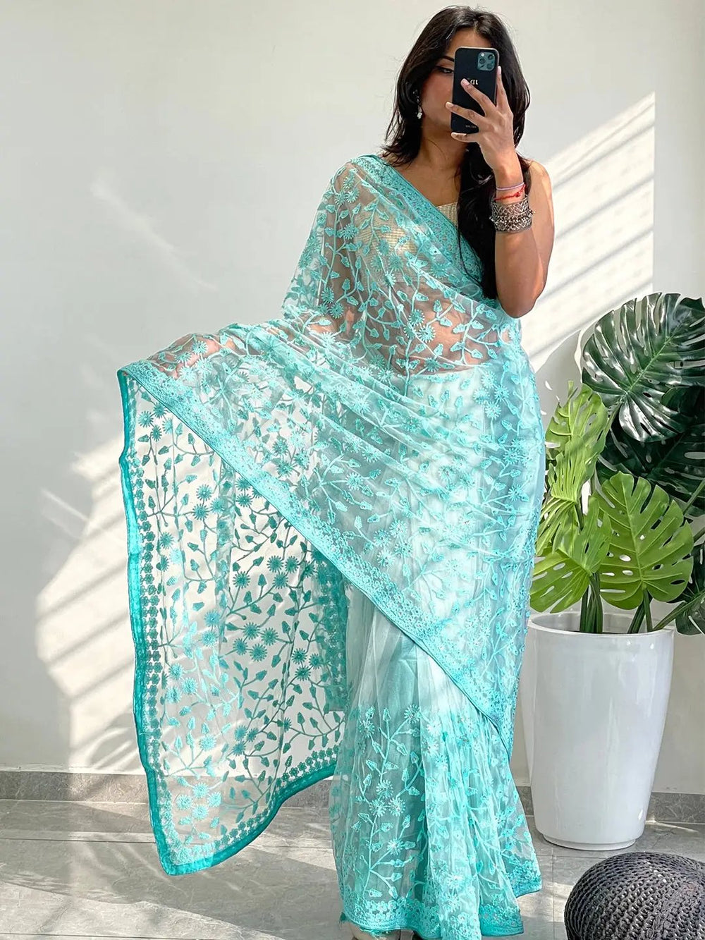 Mint Green Net Saree with Heavy Floral Embroidery & Scalloped Border