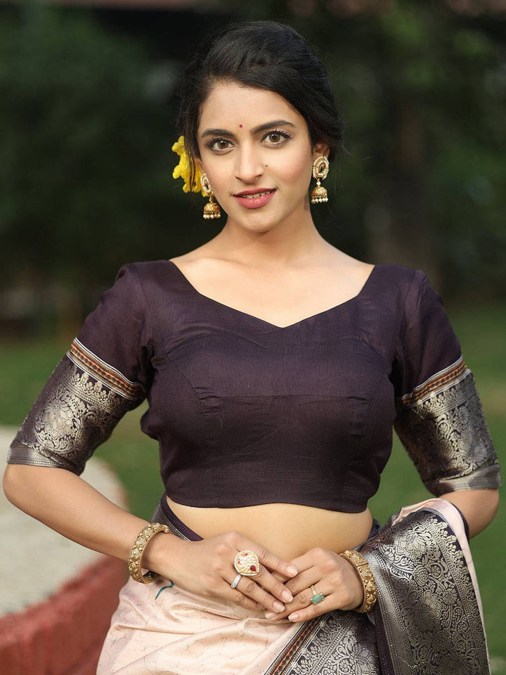 Ivory Soft Silk Saree with Lotus Print & Black Zari Woven Border