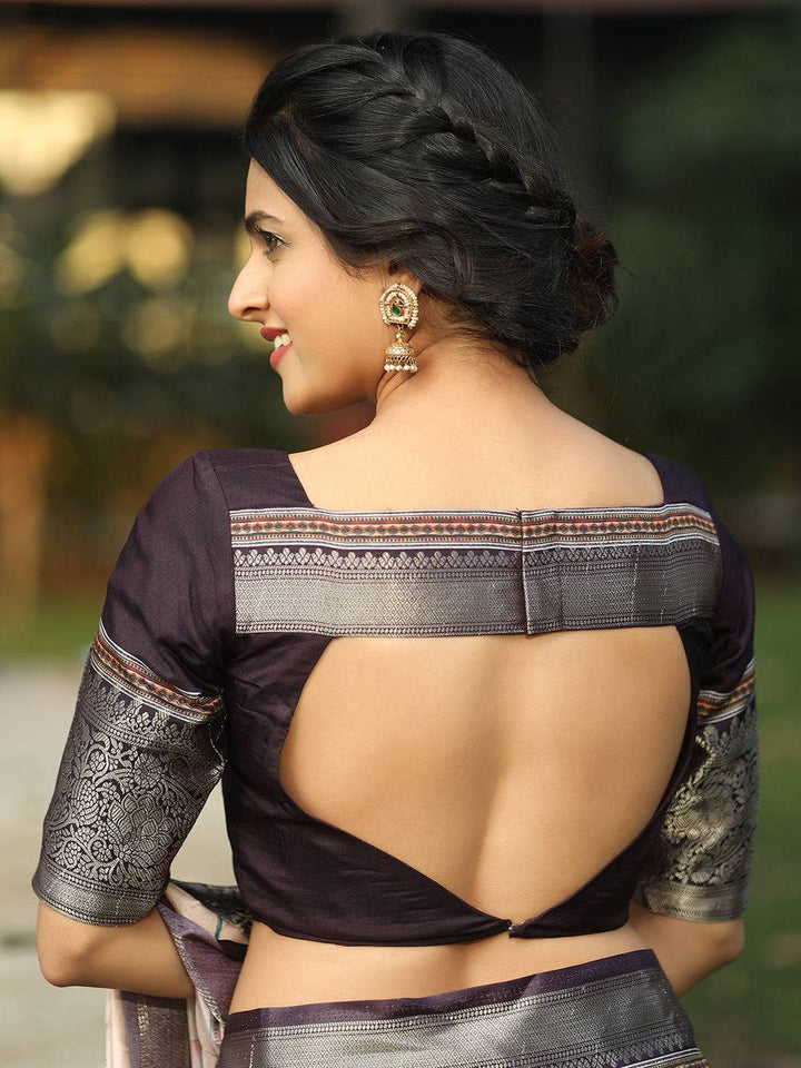 Ivory Soft Silk Saree with Lotus Print & Black Zari Woven Border