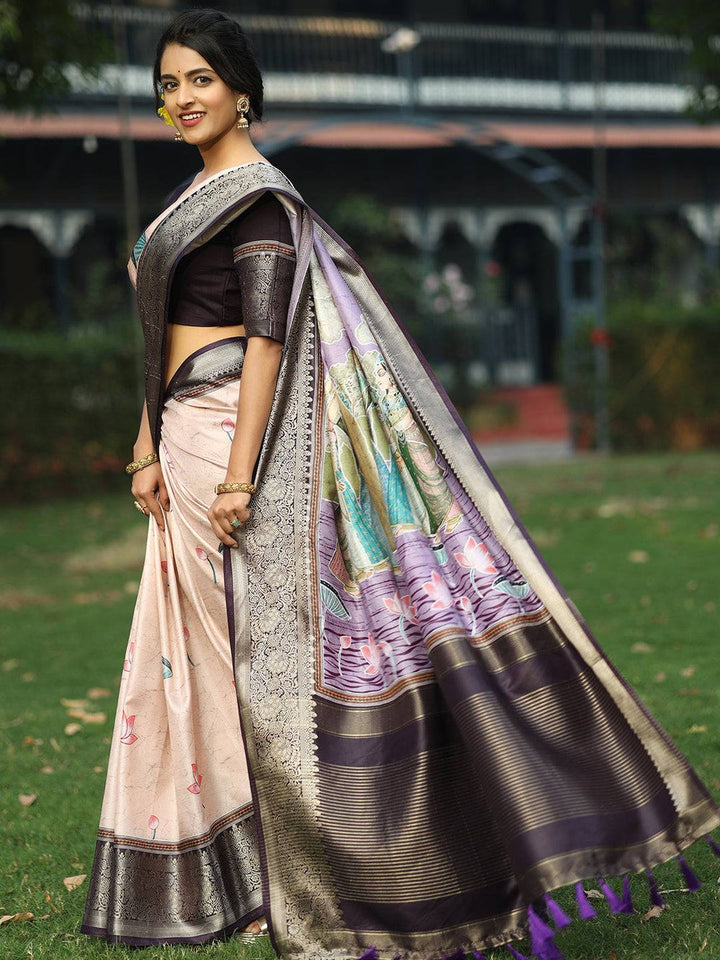Ivory Soft Silk Saree with Lotus Print & Black Zari Woven Border