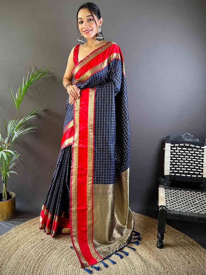 Navy Blue Banarasi Silk Saree with Golden Zari Weaving & Red Border
