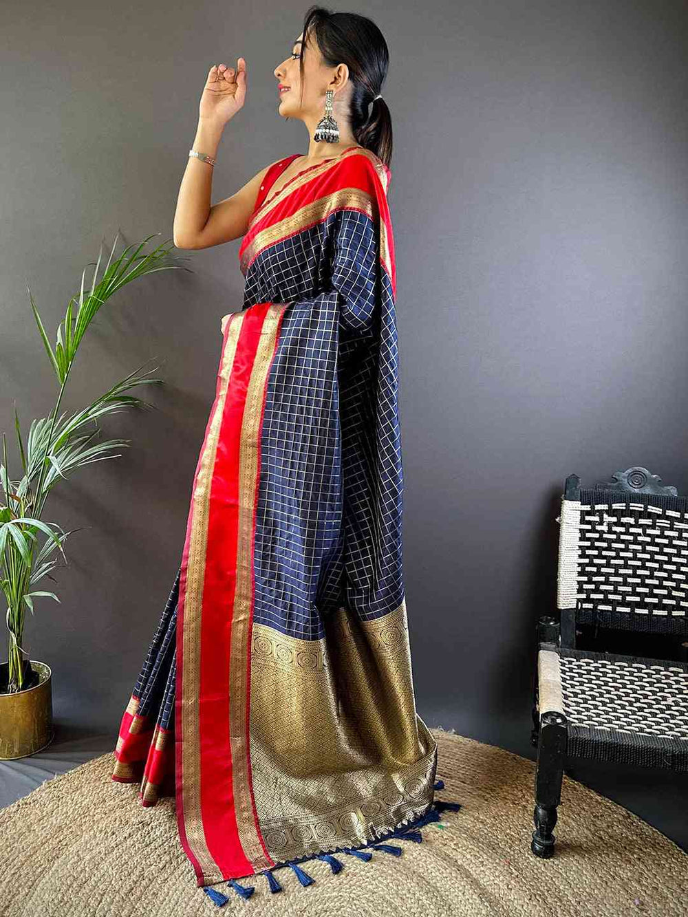 Navy Blue Banarasi Silk Saree with Golden Zari Weaving & Red Border