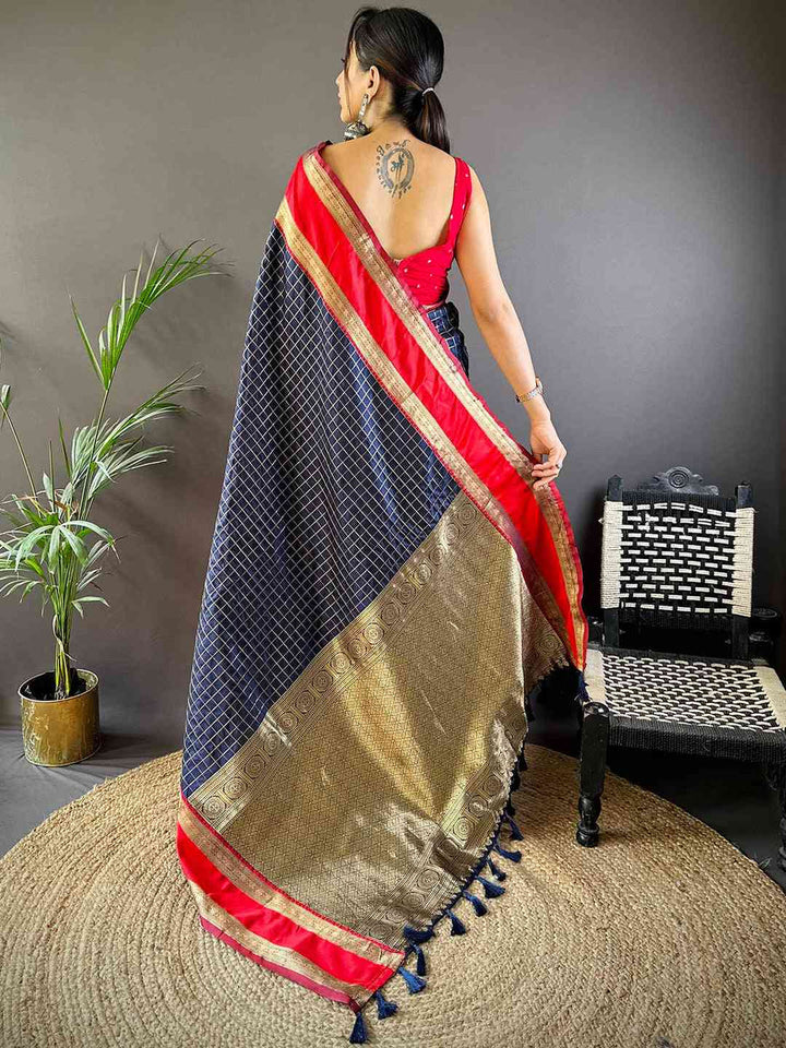 Navy Blue Banarasi Silk Saree with Golden Zari Weaving & Red Border