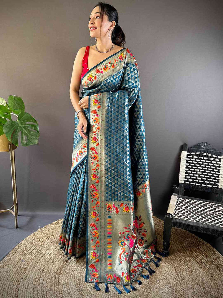 Teal Blue Banarasi Silk Saree with Geometric Weaving & Multicolor Floral Zari Border