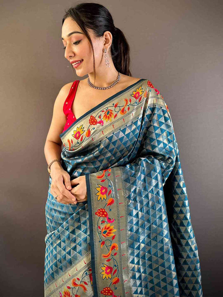 Teal Blue Banarasi Silk Saree with Geometric Weaving & Multicolor Floral Zari Border