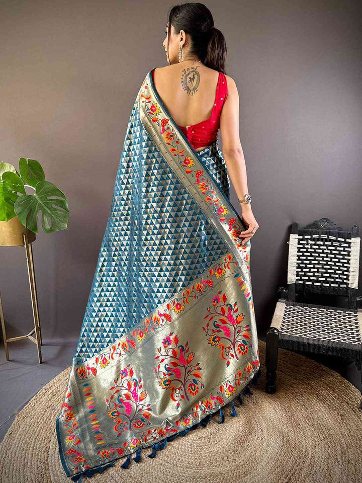 Teal Blue Banarasi Silk Saree with Geometric Weaving & Multicolor Floral Zari Border