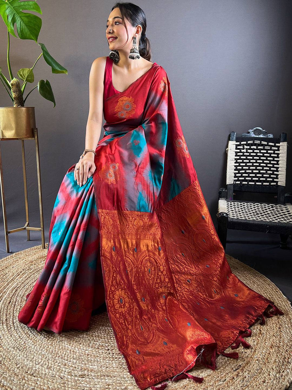 Red & Teal Banarasi Silk Saree with Ikat Print and Rich Copper Zari Pallu