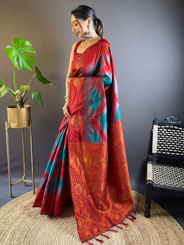 Red & Teal Banarasi Silk Saree with Ikat Print and Rich Copper Zari Pallu