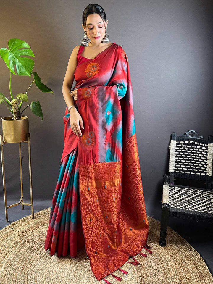 Red & Teal Banarasi Silk Saree with Ikat Print and Rich Copper Zari Pallu