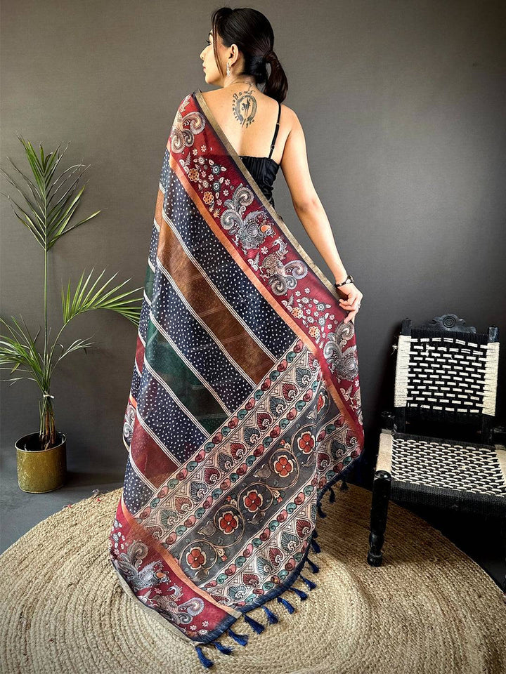 Multicolor Soft Silk Saree with Ajrakh & Paisley Print