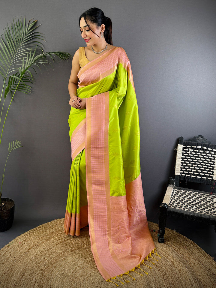 Lime Green Banarasi Soft Silk Saree with Peach Zari Border & Rich Woven Pallu