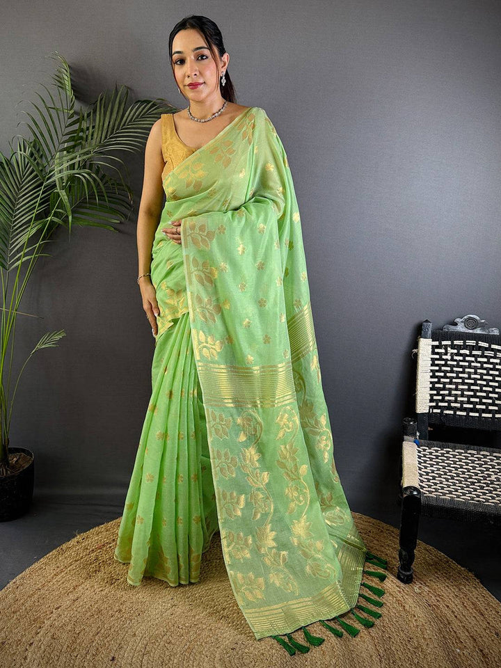 Light Green Banarasi Soft Silk Saree with Gold Zari Floral Weaving & Tassel Pallu