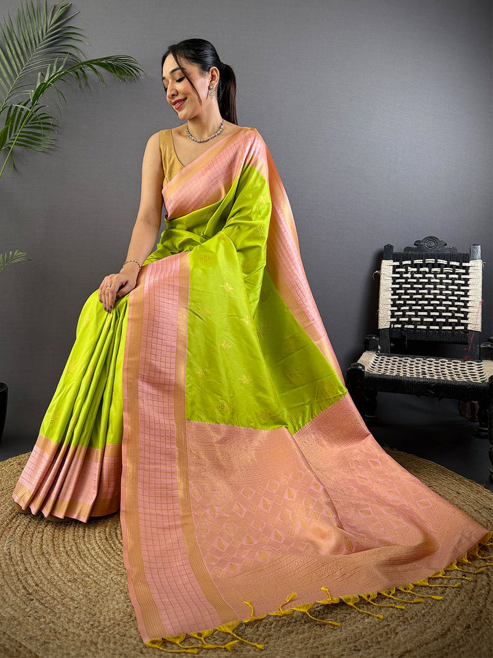Lime Green Banarasi Soft Silk Saree with Peach Zari Border & Rich Woven Pallu