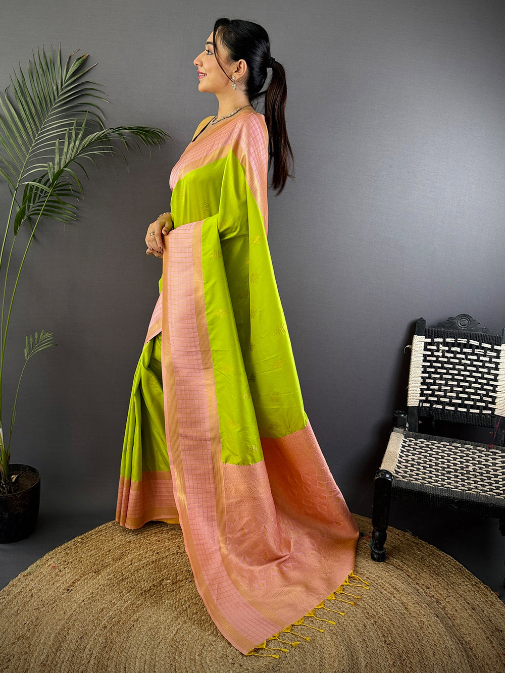 Lime Green Banarasi Soft Silk Saree with Peach Zari Border & Rich Woven Pallu