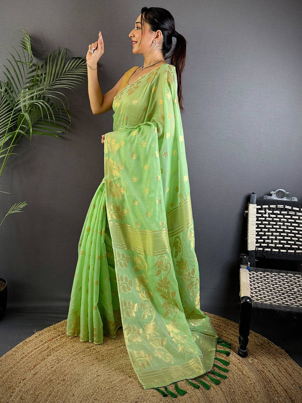 Light Green Banarasi Soft Silk Saree with Gold Zari Floral Weaving & Tassel Pallu