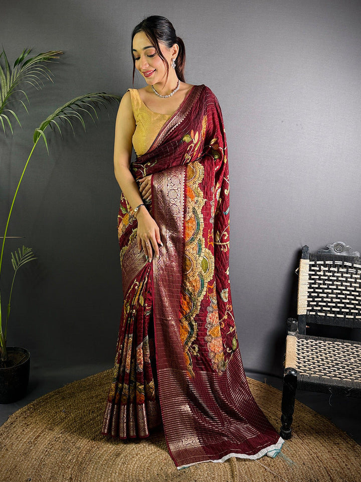 Maroon Banarasi Silk Saree with Kalamkari Print & Rich Zari Border