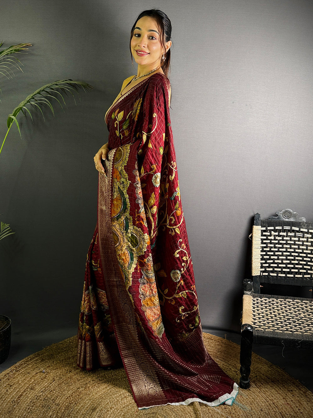 Maroon Banarasi Silk Saree with Kalamkari Print & Rich Zari Border