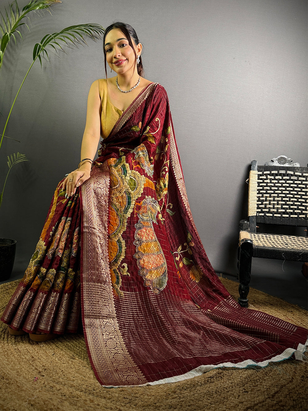Maroon Banarasi Silk Saree with Kalamkari Print & Rich Zari Border