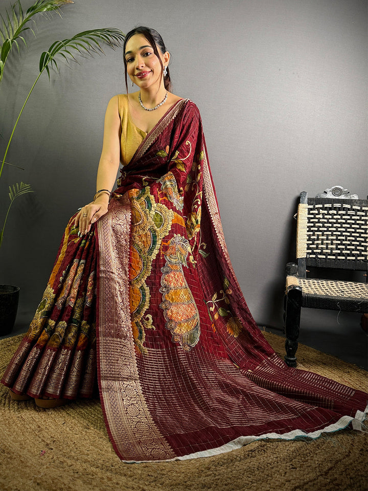 Maroon Banarasi Silk Saree with Kalamkari Print & Rich Zari Border