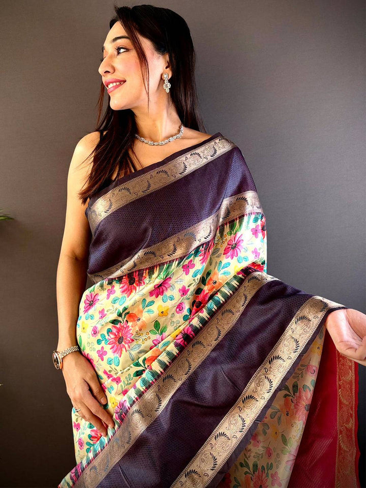 Yellow Floral Printed Soft Silk Saree with Purple Zari Border & Rich Woven Pallu