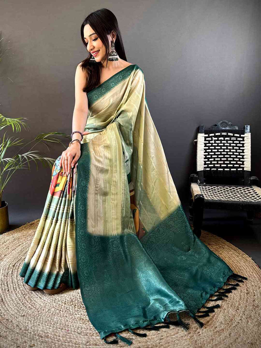 Cream & Bottle Green Soft Silk Saree with Digital Kalamkari Art and Woven Zari Border