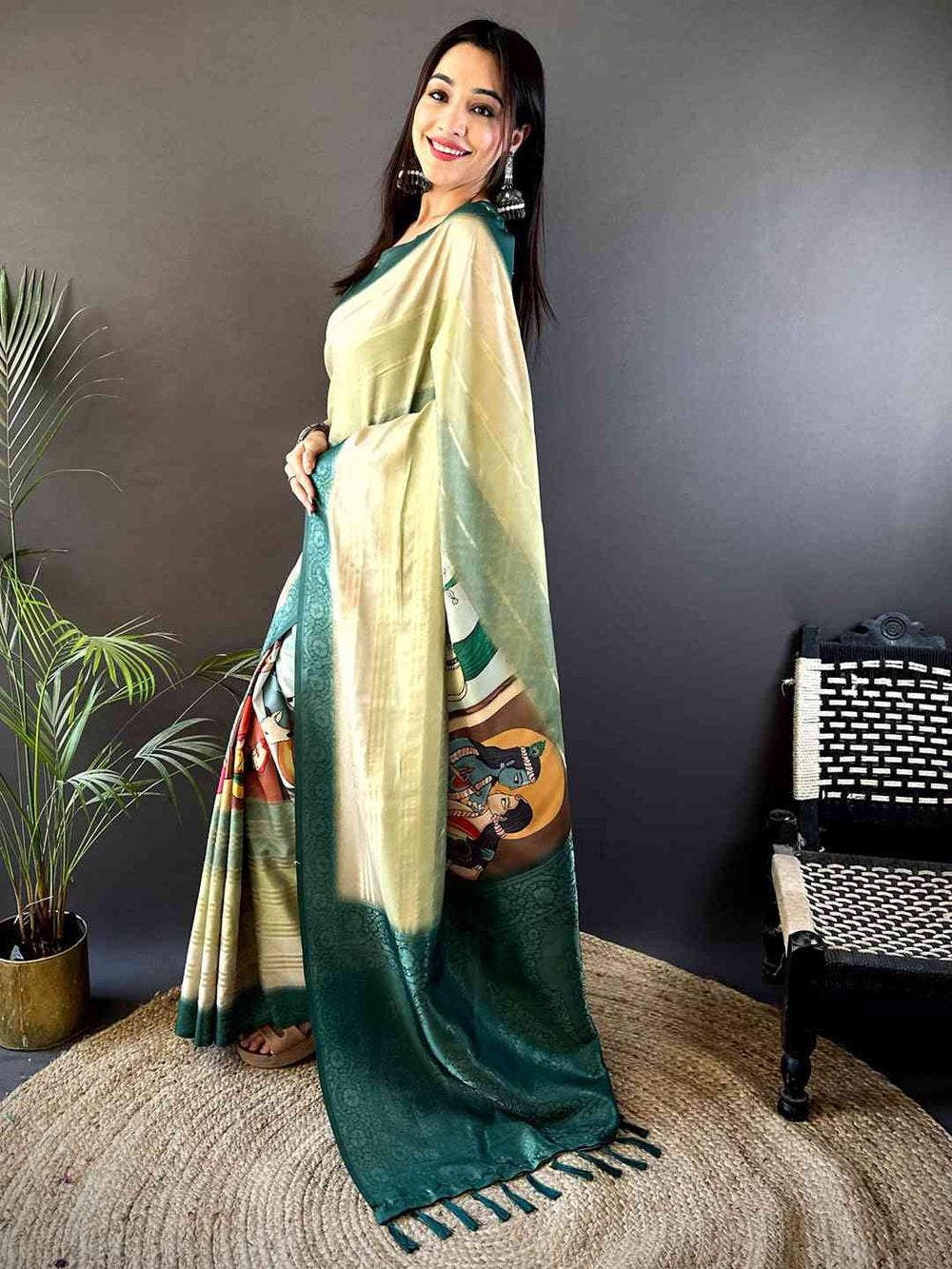 Cream & Bottle Green Soft Silk Saree with Digital Kalamkari Art and Woven Zari Border