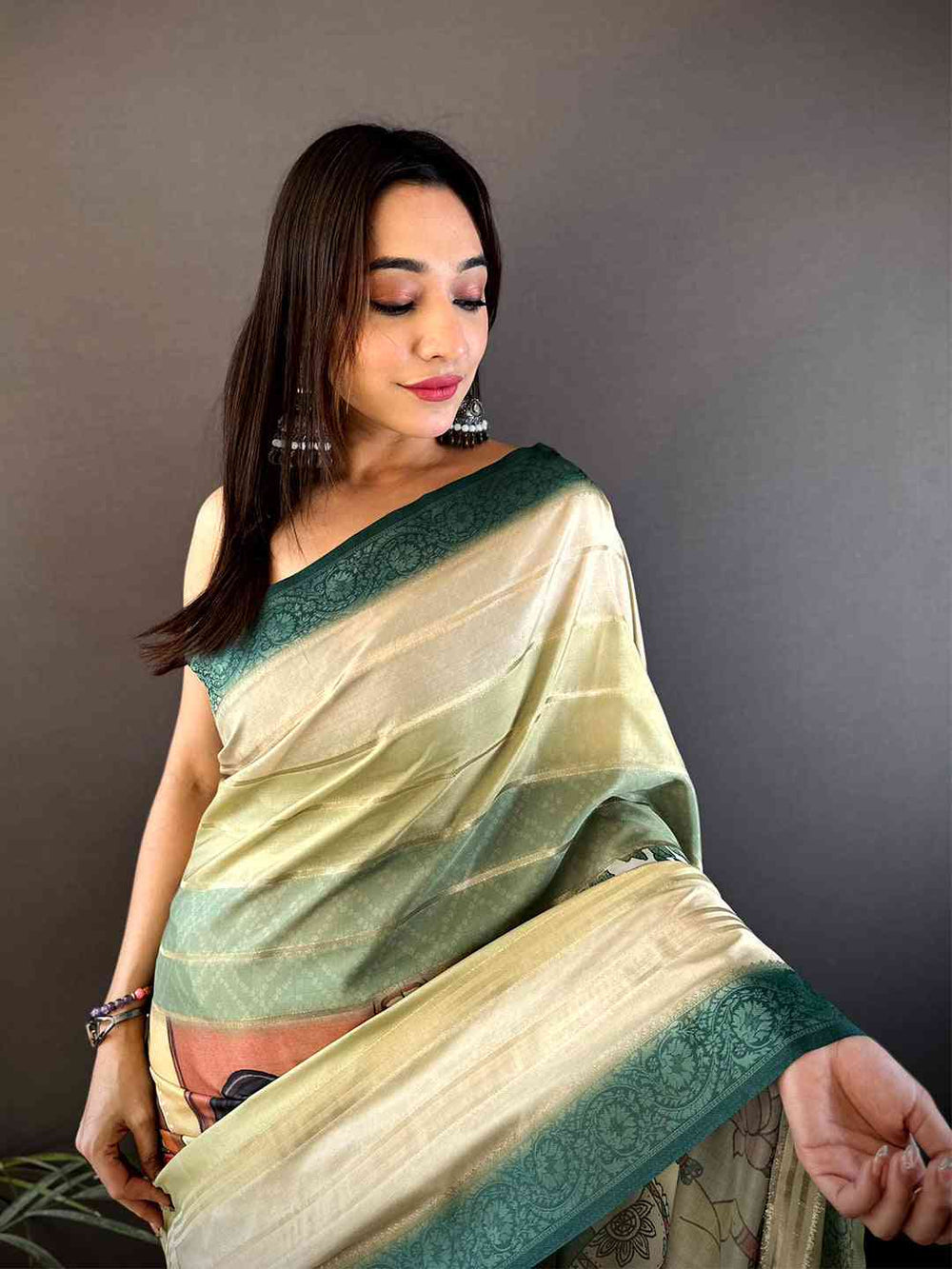 Cream & Bottle Green Soft Silk Saree with Digital Kalamkari Art and Woven Zari Border